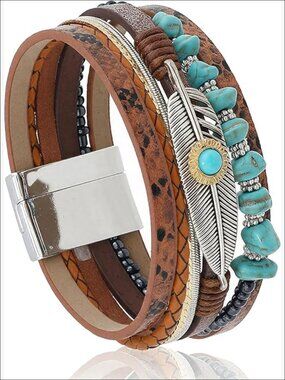 Leather Bracelet with Magnetic Clasp, Multilayer Boho Western Design
